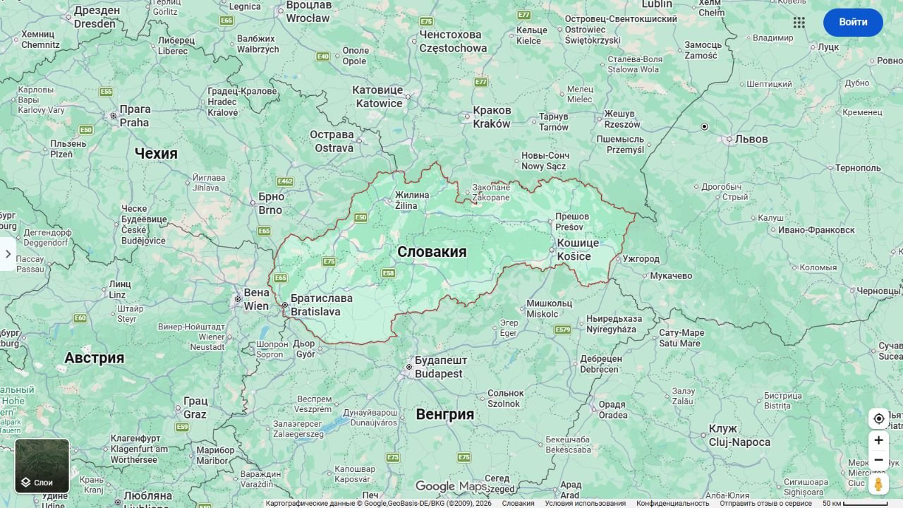 Google Maps: граница Словакии выделена красным; вокруг Чехия, Австрия, Польша, Украина и Венгрия